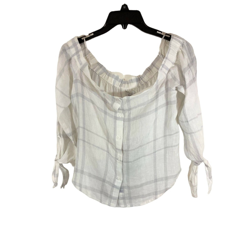 NWT Rails Lauren White Coin Plaid Off Shoulder Button-Up Tie Sleeve Top Sz S